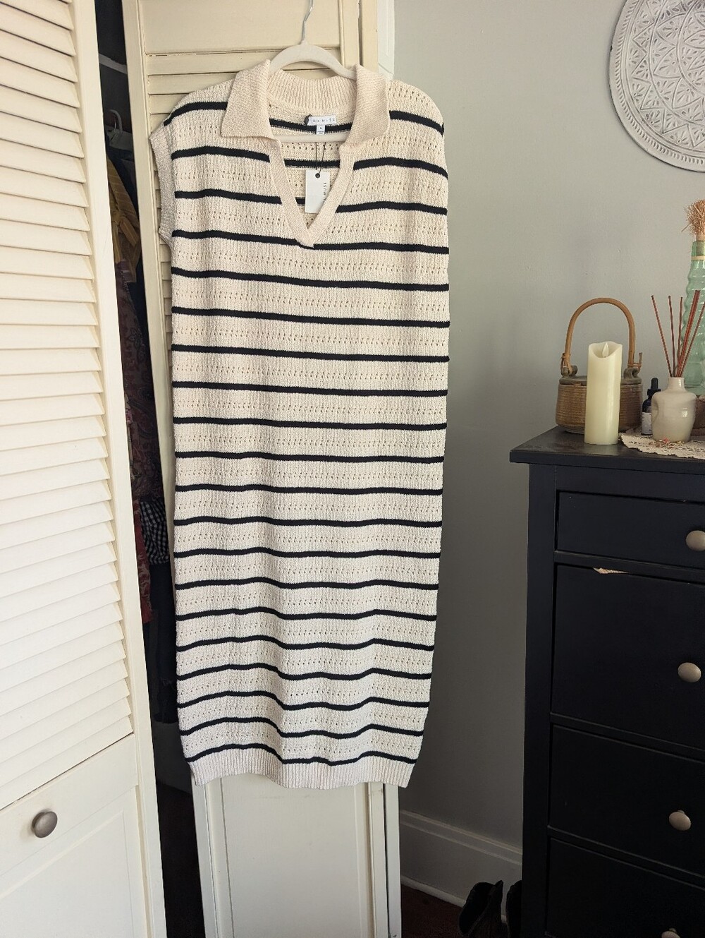 NWT Miou Muse Striped Crochet Collared Midi Dress - Cream & Black - Picture 2 of 4